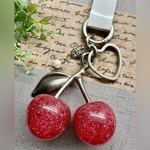 New Pink Glitter Cherry Silver Tone Purse Charm Keychain w/ Pearl Accent - 4”